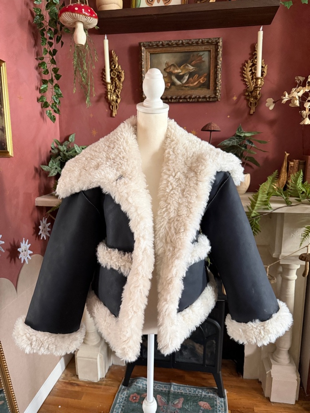 Free People Kiki Black Faux Shearling Jacket with Cream Trim